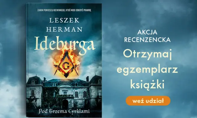 Okładka książki "Ideburga" Leszka Hermana. Tajemniczy dwór i symbol G w ogniu. Idealna pozycja w kolejności czytania jego powieści.