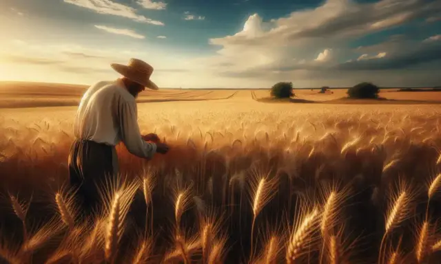 Un contadino con cappello di paglia esamina il grano maturo in un campo dorato al tramonto. La roba riassunto: il ciclo della vita e del raccolto.