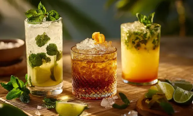 Tre uppfriskande rom drinkar med mynta och lime på ett solbelyst bord. Perfekt för en varm sommardag.