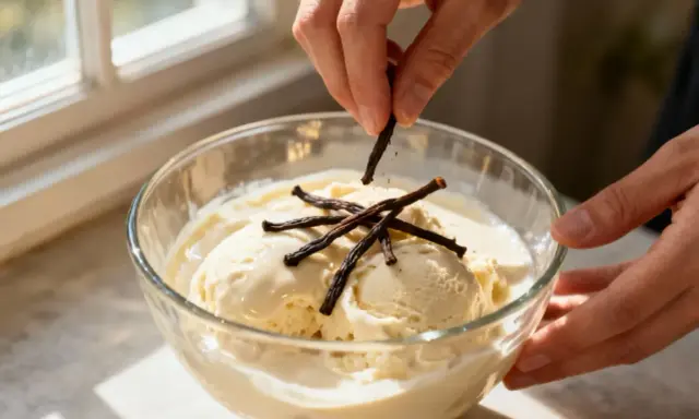 Des mains ajoutent des gousses de vanille sur un parfait glacé à la vanille dans un bol en verre.