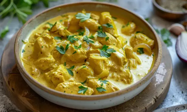 En skål med krämig kyckling currysås, toppad med färsk persilja. En härlig rätt som doftar av kryddor och värme.
