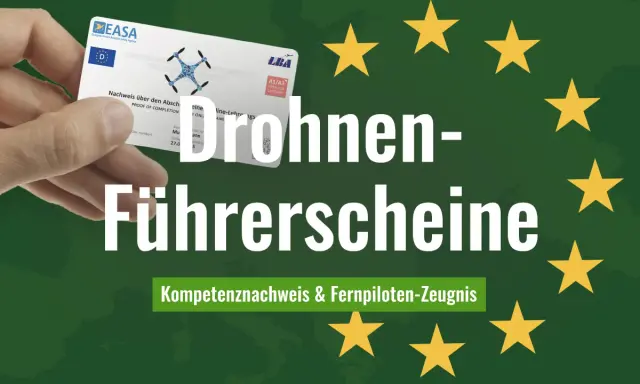 Ein Finger hält einen Drohnen-Führerschein. Der Text "Drohnen-Führerscheine" und "Kompetenznachweis & Fernpiloten-Zeugnis" sind prominent platziert.