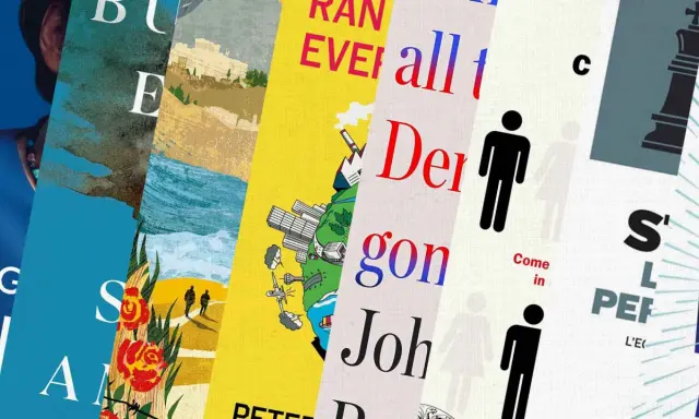 Copertine di libri di attualità con titoli e grafiche varie, tra cui figure stilizzate, scacchi e paesaggi.
