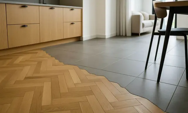 Un pavimento in parquet a spina di pesce incontra piastrelle grigie, un'idea per rifare pavimento con stile.