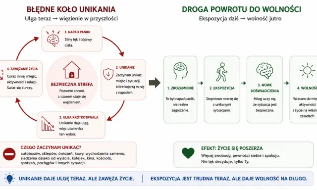 Cykl unikania: napad paniki, unikanie, ulga, zawężanie życia. Droga do wolności: zrozumienie, ekspozycja, nowe doświadczenia, wolność.
