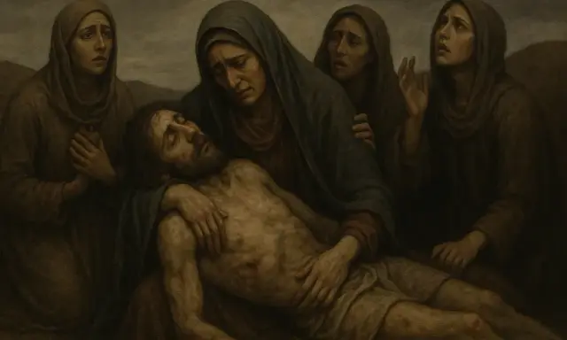 Obraz przedstawia Matkę Boską trzymającą na rękach martwe ciało Jezusa, otoczoną przez opłakujące kobiety.