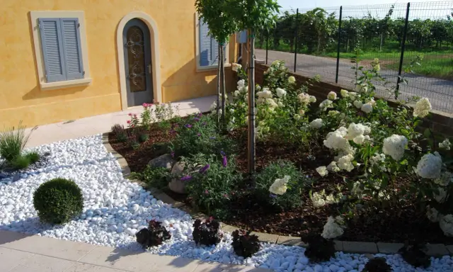 Ingresso esterno di una villetta con ghiaia bianca, piante fiorite e un vialetto. Belle idee per l'esterno della casa.