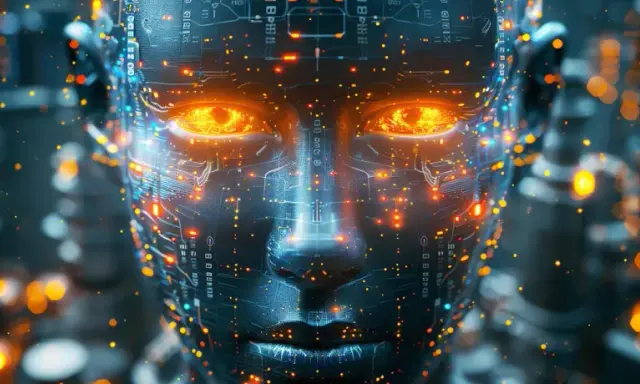 Twarz robota z płonącymi oczami, pokryta obwodami i migoczącymi światłami. To jak cyfrowa notacja o.