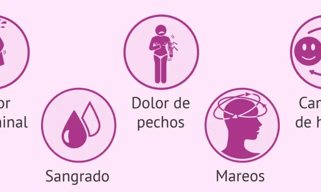 Iconos ilustran síntomas del embarazo: dolor abdominal, sangrado, dolor de pechos, mareos y cambios de humor.