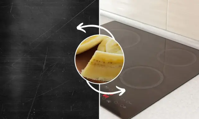 Przed i po: zarysowana płyta indukcyjna kontra lśniąca, z bananem w tle.