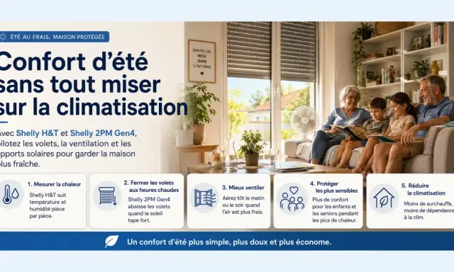 Une famille profite d'un confort thermique d'été à l'intérieur, avec des volets intelligents et une ventilation pour une maison fraîche.