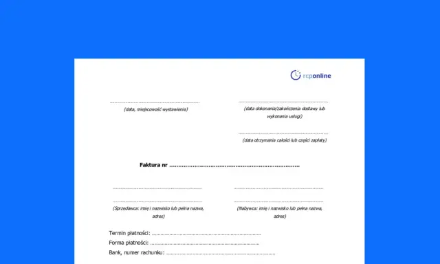 Formularz faktury z polami do wpisania danych do faktury: daty, numeru faktury, sprzedawcy, nabywcy, terminu i formy płatności.