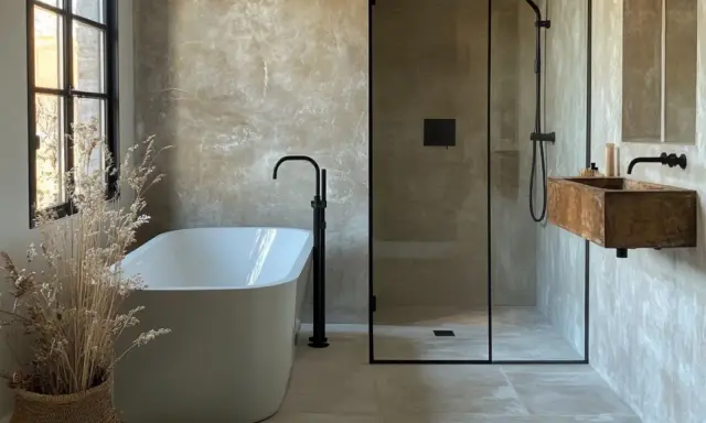 Bagno moderno con vasca freestanding, lavabo in legno e **doccia passante** in cristallo. Pareti effetto resina e dettagli neri.