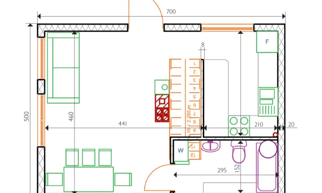 Projekt wnętrza domu 35m2: salon z kanapą i stolikiem, aneks kuchenny, łazienka.