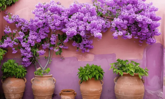 Una exuberante planta morada adorna una pared rosa, con macetas de terracota alineadas abajo.