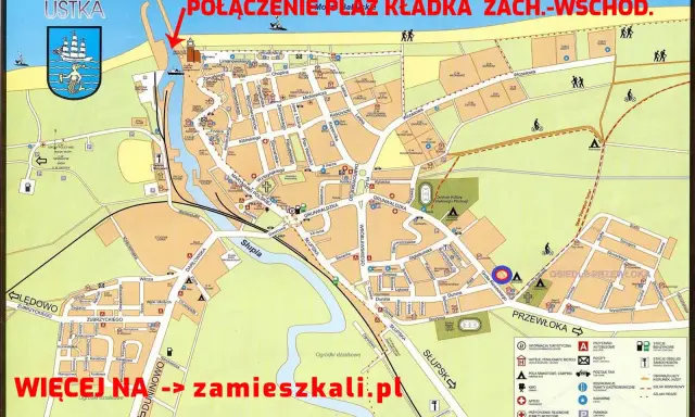 Mapa Ustki z zaznaczonymi atrakcjami, w tym połączeniem plaży kładką zachód-wschód. Znajdziesz tu port, promenadę, centrum kultury i wiele innych ustka atrakcje.
