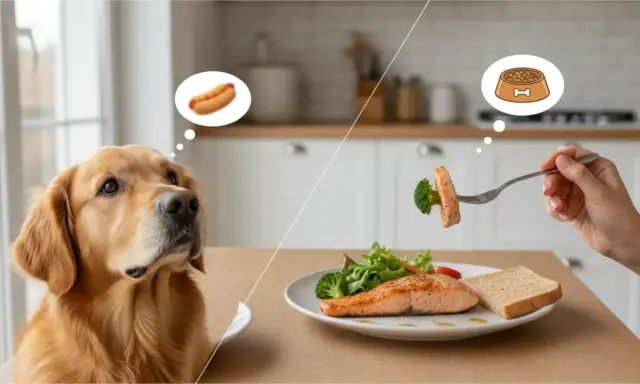 Golden retriever marzy o parówce, ale wie, czego nie może jeść pies – zdrowy łosoś z brokułami czeka na talerzu.
