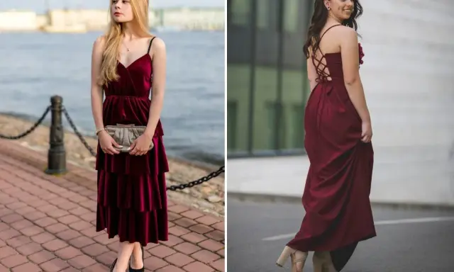 Dwie kobiety w bordowych sukienkach. Pierwsza ma czarne szpilki, druga beżowe sandałki. Jakie buty do bordowej sukienki? Oto inspiracje.