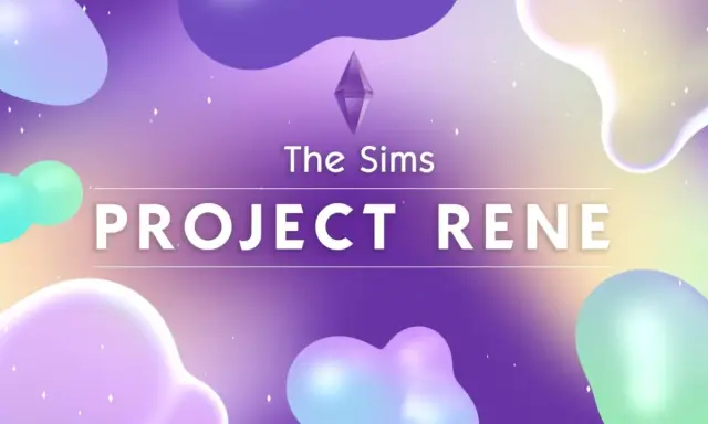 The Sims: Project Rene. Kolorowe, abstrakcyjne kształty na fioletowo-żółtym tle.