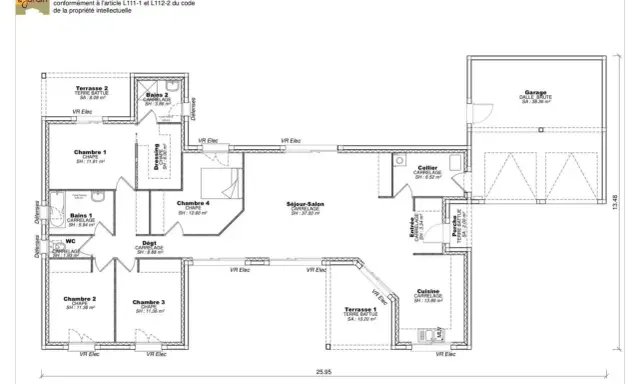 Plan d'une maison Napoli 4 avec garage, 4 chambres, séjour-salon, cuisine, cellier, 2 terrasses. Ce type de maison offre un espace de vie spacieux.