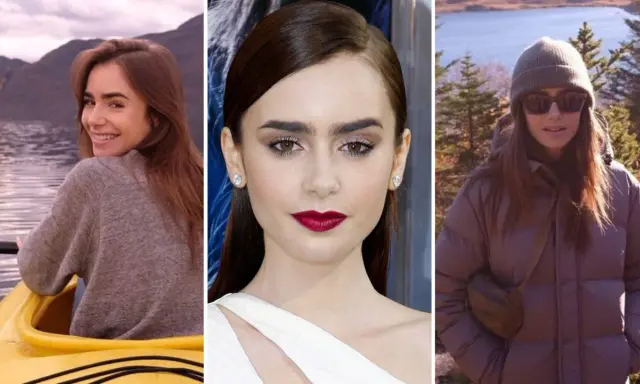 Lily Collins i en gul kajak, nära en sjö med berg. Lily Collins med smink och rött läppstift. Lily Collins i en dunjacka och mössa i naturen.