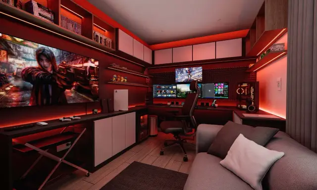 Nowoczesny pokój gracza z czerwonym oświetleniem, wieloma monitorami i konsolą, idealny do grania w gry souls like.