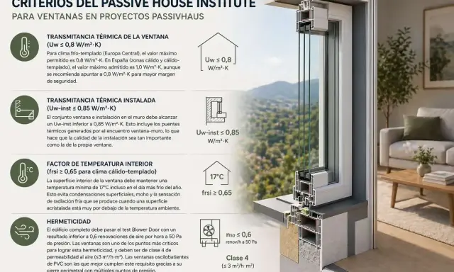 Detalle de ventanas passivhaus con criterios de transmitancia térmica, temperatura interior y hermeticidad.