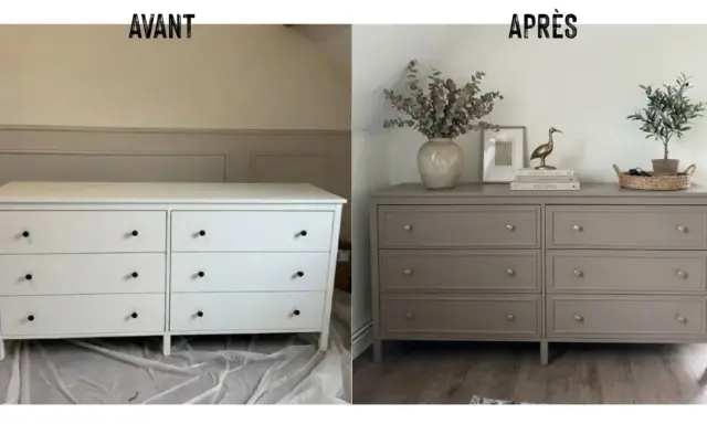 Avant/après : un commode blanc basique transformé par un décapage et relooking. Le nouveau look taupe avec poignées dorées est chic.