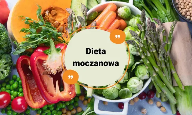 Kolorowe warzywa: dynia, brokuły, papryka, marchew, szparagi, brukselka, pomidory, groszek. Tekst: Dieta moczanowa.
