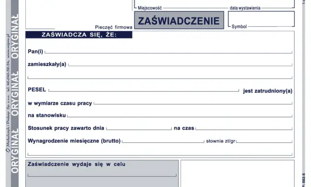 Formularz zaświadczenia o zatrudnieniu, zawierający dane pracownika, stanowisko, wynagrodzenie i cel wydania dokumentu.