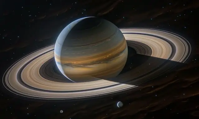 Saturn, majestatyczny **Saturn znak zodiaku**, otoczony pierścieniami, lśni w kosmosie.