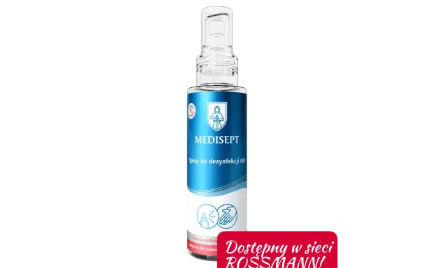 Butelka sprayu do dezynfekcji rąk MEDISEPT z napisem "Dostępny w sieci ROSSMANN!".