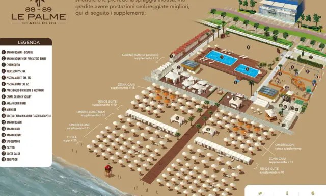 Mappa del Bagno 88-89 Le Palme Beach Club a Riccione, con piscine, aree giochi, campi da beach volley e servizi.