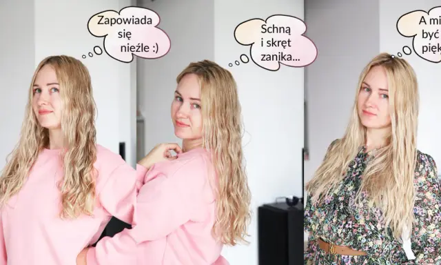 Kobieta z blond włosami pokazuje, jak wydobyć skręt z prostych włosów. Początkowo włosy są lekko pofalowane, ale po wyschnięciu stają się proste.