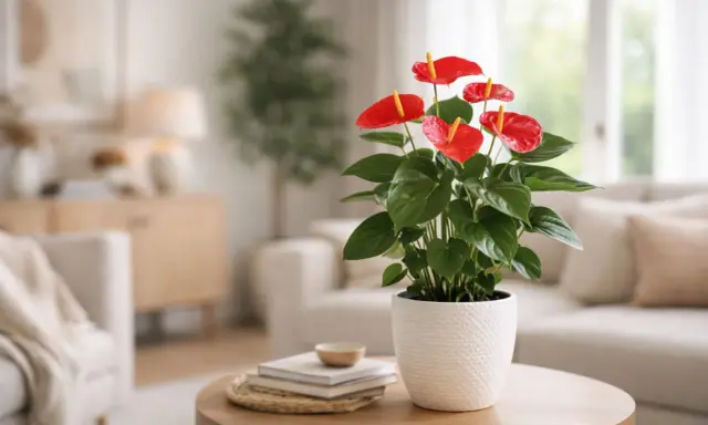 Anthurium rouge vif, une langue de feu éclatante, sur une table basse dans un salon cosy.