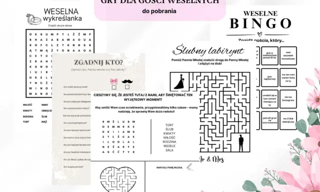 Gry weselne dla gości: wykreślanka, bingo, labirynt i zgadywanki. Zabawy pomogą umilić czas oczekiwania na Parę Młodą.