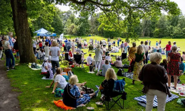 Midsommar i Slottsskogen samlar folk för picknick och gemenskap under trädens skugga.
