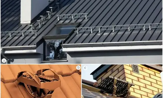 Elementy do układania papy na zimno na dachu, w tym stopnie kominiarskie i ławy.