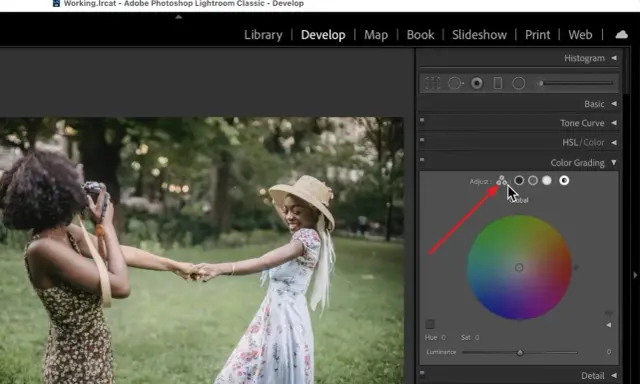 Ajustando el color en Lightroom. Dos mujeres en un parque, una toma fotos a la otra.