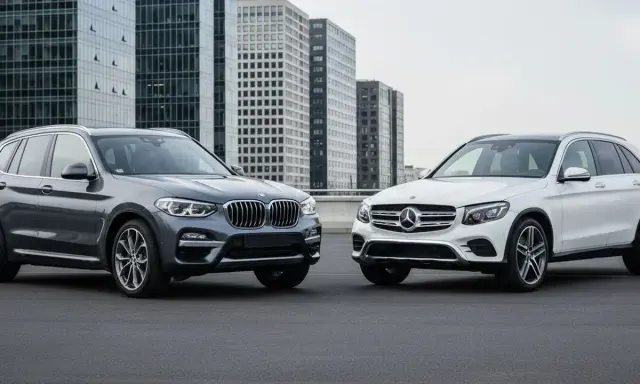 Dwa luksusowe mercedes suv modele, biały i szary, stoją obok siebie na tle nowoczesnych wieżowców.