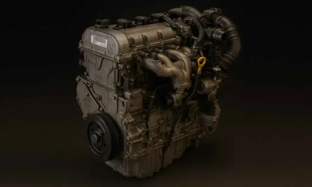 Silnik samochodowy, szczegółowo pokazujący turbosprężarkę, kolektor wydechowy i koło pasowe. Ten **asz**-trakcyjny element mechaniki budzi podziw.