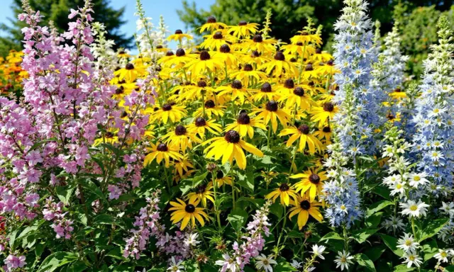 Un parterre coloré de fleurs jaunes, roses et bleues. La plante vivace aux fleurs jaunes, qui fleurit de mai à octobre, domine le centre.