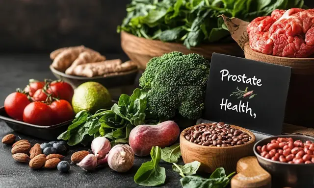 Zdjęcie przedstawia kompozycję zdrowych produktów spożywczych, takich jak warzywa, owoce i orzechy, z tabliczką "Prostate Health".