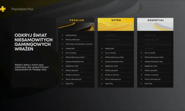Porównanie planów PlayStation Plus: Essential, Extra i Premium. Sprawdź ps plus ceny i wybierz najlepszą subskrypcję dla siebie.
