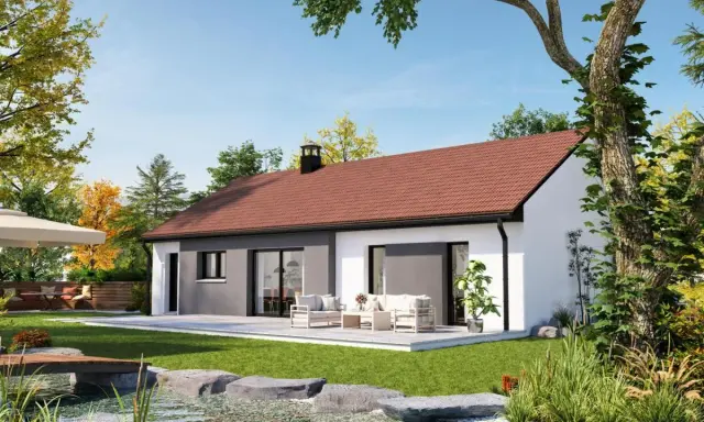 Vue extérieure d'une maison moderne avec un plan inspiré d'une maison créole traditionnelle. Jardin verdoyant, étang et mobilier de détente.