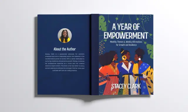 Comment faire la couverture d'un livre : livre "A Year of Empowerment" par Stacey Clark, avec illustration de femmes et texte sur l'autrice.