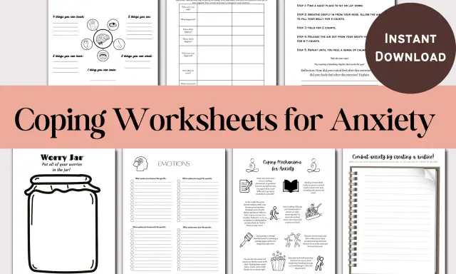 Zestaw kart pracy "Coping Worksheets for Anxiety" pomaga radzić sobie z lękiem, oferując ćwiczenia takie jak metoda uziemiająca i techniki oddechowe.