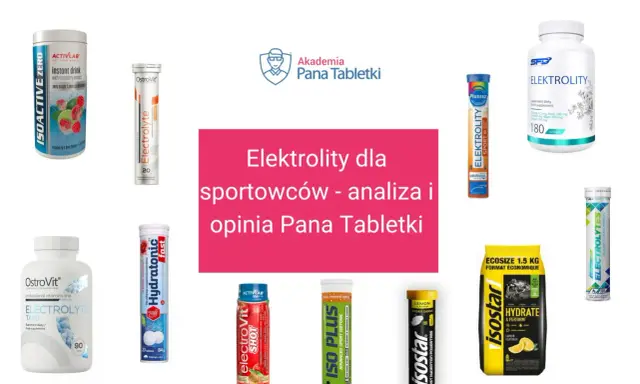 Różne produkty z elektrolitami dla sportowców, w tym napoje, tabletki i proszki. Dowiedz się, co to elektrolity i jak pomagają w regeneracji.