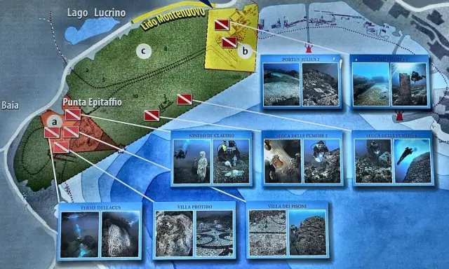 Mapa Pola Flegrejskie: podwodny świat starożytnych ruin i nurkowie odkrywający skarby.