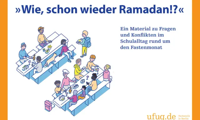 Illustration von Kindern, die sich um Tische versammeln. Ein Material zu Fragen und Konflikten im Schulalltag rund um den Fastenmonat.